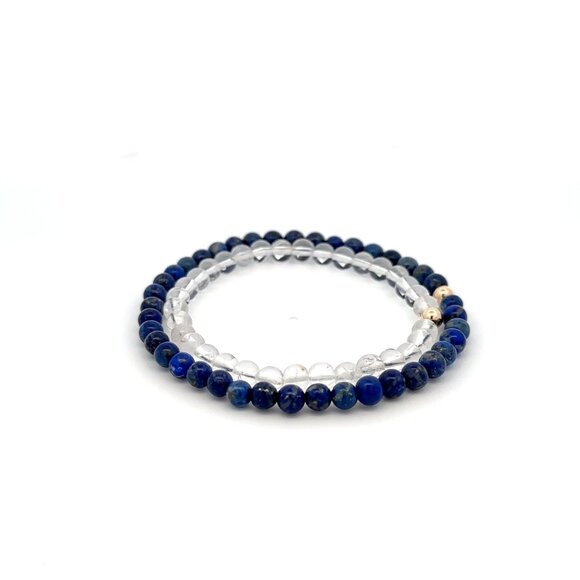 Lapis Lazuli & Clear Quartz Gemstone Stretch Bracelet with 14K Gold Accent Bead - Picture 5 of 5